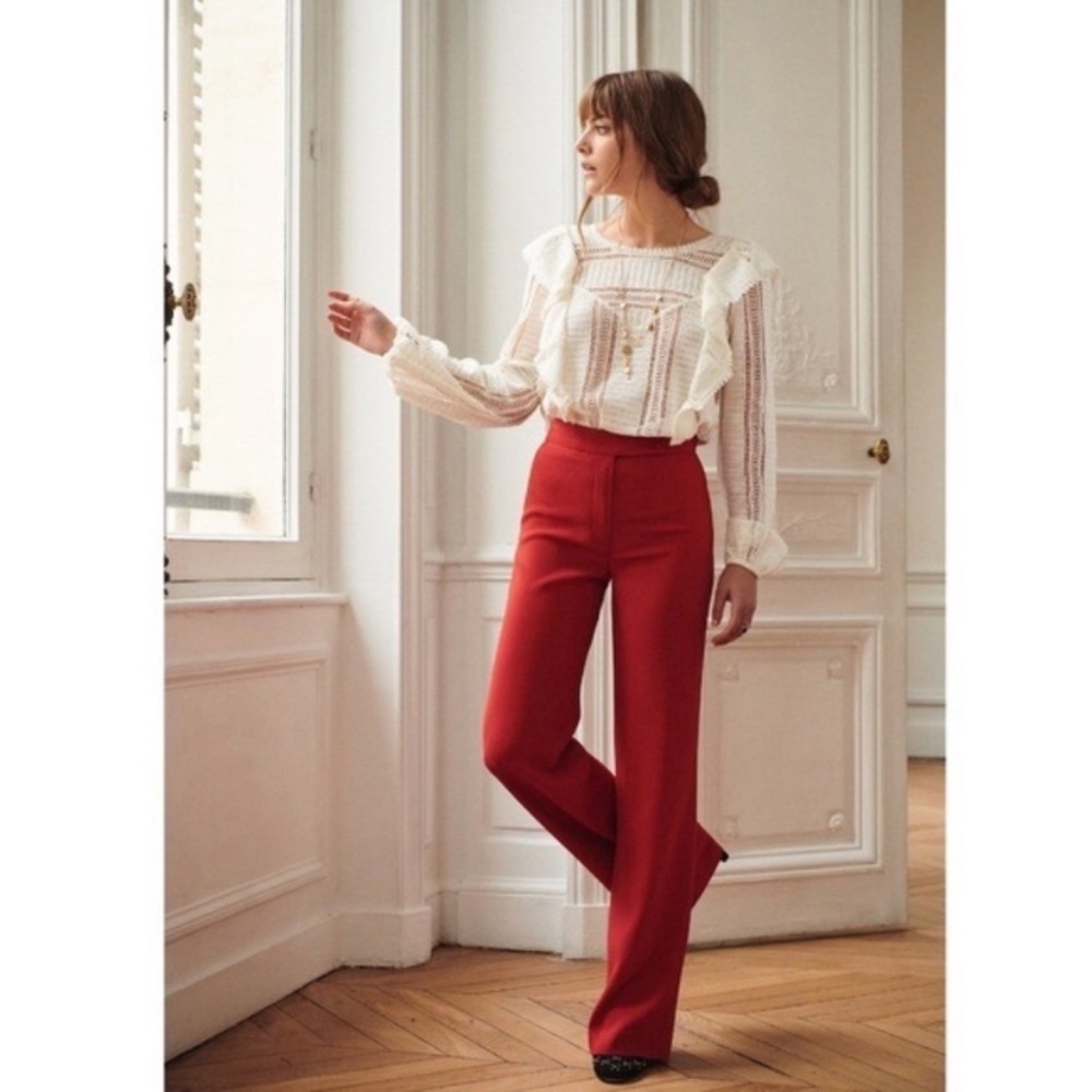Sezane High- Waisted Rise Wide Leg Trouser Pants